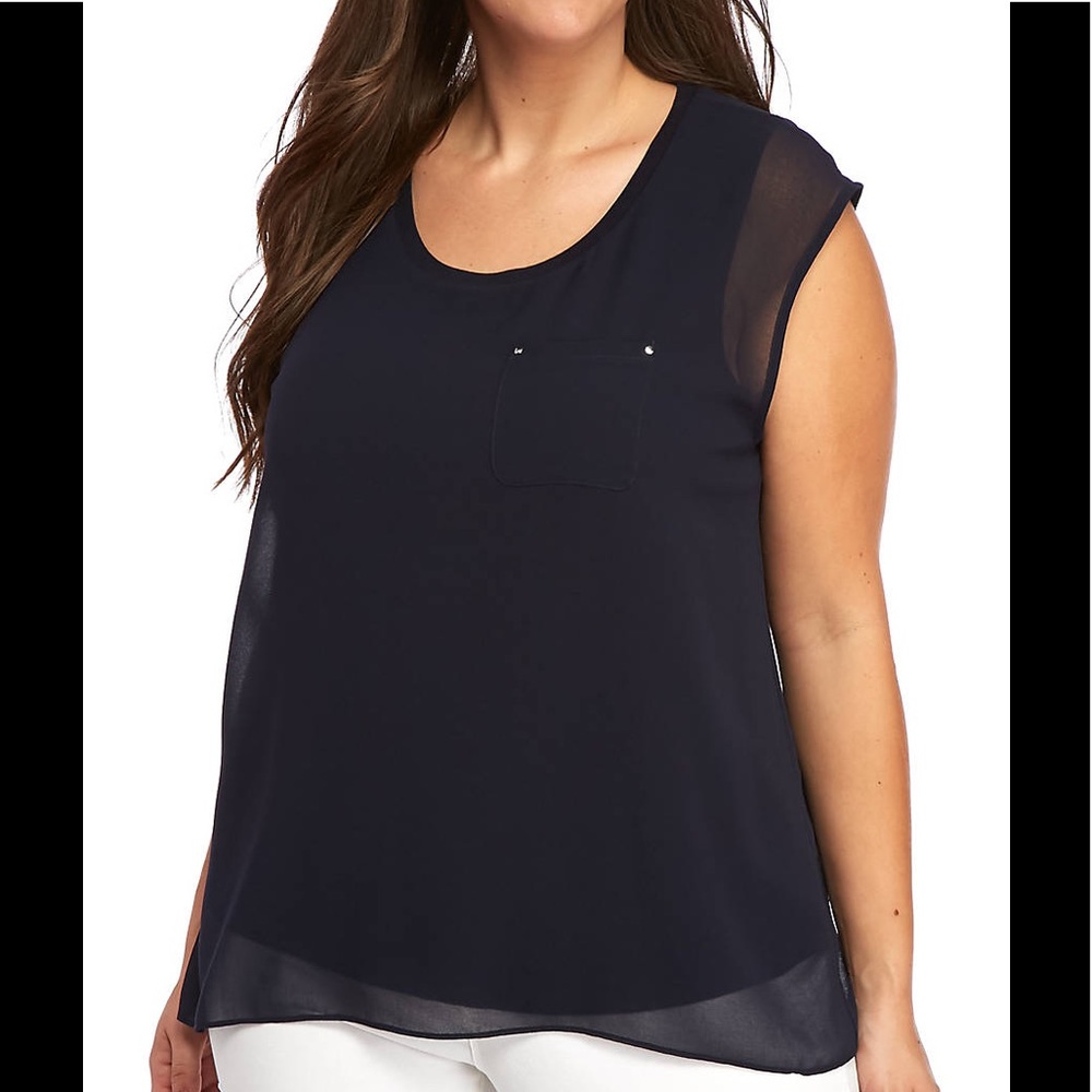 SOLD NWT Calvin Klein Navy Chiffon Overlay Top -3X